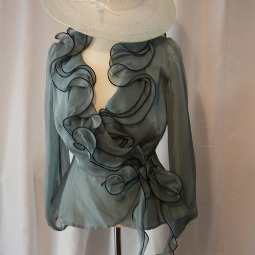 NWT Camille La Vie Teal Chiffon blouse w/ ruffles - Picture 4 of 13